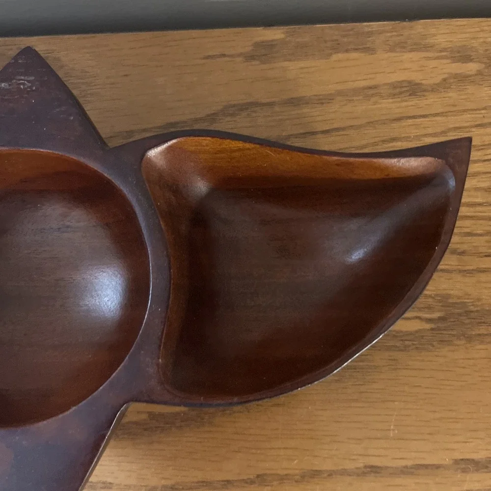 Vintage Solid Wood Bowl Divided Nut Dish Coin Tray Geometric MCM‎ Rare Shape